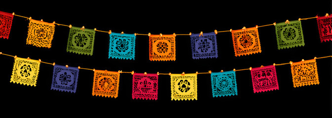 Mexican papel picado laces hanging on string. Mexicofestive ornament for Dia d los Muertos means Day of eath and Dead. Banner withHispanic pecked perforatedflags. Colored flat vectorillustration