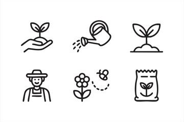 Gardening and farming line icons set with seedling and watering can © ALI