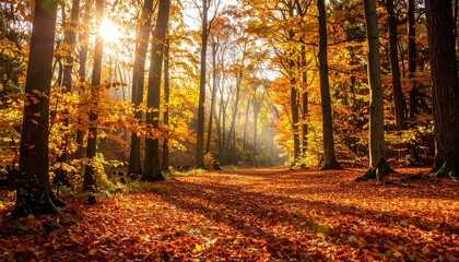 Obraz premium Sunlit autumn forest path, vibrant gold & orange leaves cover ground, trees, and sky
