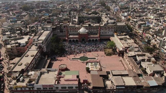 4k Aerial Drone shot of  Fatehpuri Masjd Mosque near Jama masjid  in Chandi chowk Old Delhi India