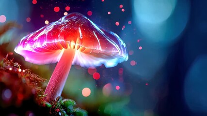 Magical glowing mushroom shining with neon colors in a dark forest - Powered by Adobe