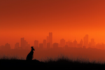 Fototapeta premium Urbanization and wildlife with kangaroo silhouette. Landscape of a wild animal and city