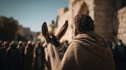 Jesus riding a donkey in jerusalem a historic scene outdoors