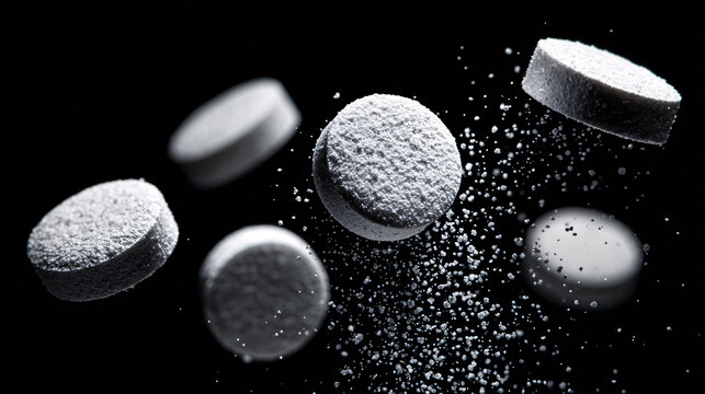 white round pills like paracetamol flying through the air towards the viewer on a black background. 