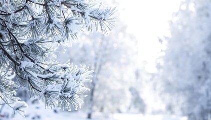 A close-up view of delicate branches blanketed in fresh, powdery snow, showcasing intricate patterns and glistening frost under soft winter light.
