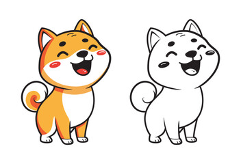 Cute Shiba Inu Dog Coloring Page, Two Versions