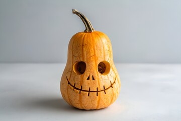 Carved Butternut Squash with Ghostly Face and Cracked Surface on Grey Background