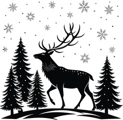 Elegant black and white silhouette of a standing reindeer for festive designs