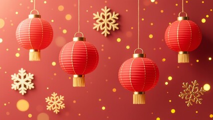 Realistic red background with hanging red lanterns, golden snowflakes, radiating light beams and sparkles, festive Chinese style