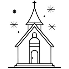 Minimalist church illustration with cross and snowflakes for Christmas season greetings in black and white outline