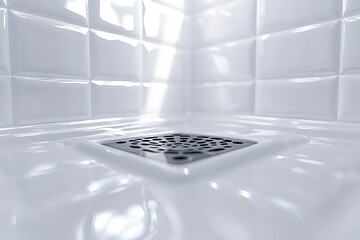 Glossy white tile shower corner with drain. Modern and clean bathroom