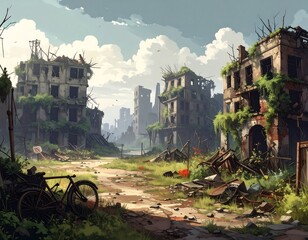 Post-apocalyptic cityscape overrun by nature