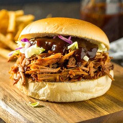 Pulled pork sandwich on bun with coleslaw and BBQ sauce