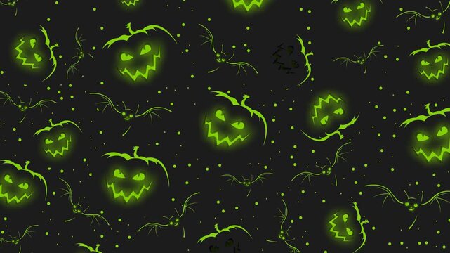 4K seamless Halloween animation featuring glowing green jack-o&rsquo;-lantern faces, flying bats, and scattered dots on a black background, creating a spooky, eerie looping pattern for festive videos.
