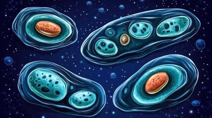Abstract Microscopic Cells in Space: Artistic Illustration of Biological Structures.