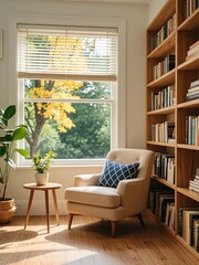 Sunlit reading nook with wooden bookshelf, beige armchair, blue geometric pillow, window with green trees and yellow leaves