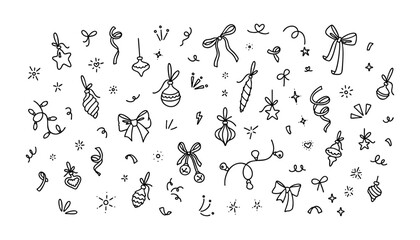 Set of handwriting Happy New Year and Merry Christmas decorations. Cute line doodle hand drawn sketch vector illustration. Twinkle, confetti, glitter, sparks, movement magic effect crayon scribbles