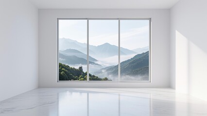 Fototapeta premium Minimalist white empty room with floor-to-ceiling windows, golden hour light and soft shadows, misty mountains with blue hues and village details, polished light gray floor, clean modern lines