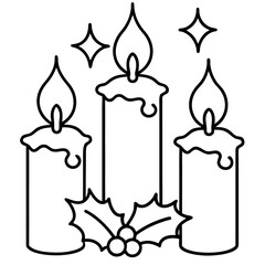 Festive Christmas Candles Line Art with Holly and Sparkling Stars Elegant Holiday Season Black and White Illustration