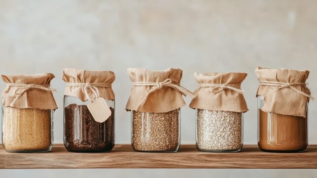 Five glass jars sit on a wooden shelf. Each jar contains different seeds. The tops have burlap with string bows.