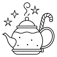 Festive Teapot with Candy Cane and Stars Creating a Whimsical Holiday Design in Black and White