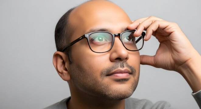 A man with glasses looking up and to the side with his hand near his glasses on a gray background