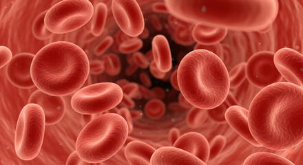 Vibrant Illustration Of Red Blood Cells Flowing Inside A Vein With Detailed Textures, Dynamic Motion, Full-Frame Coverage And Rich Red Color