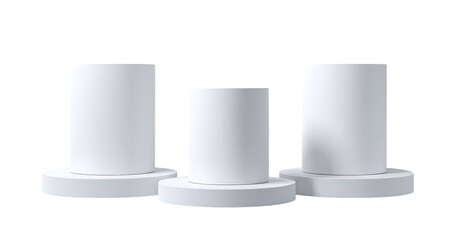 Three white cylindrical pedestals, different sizes, on a plain background