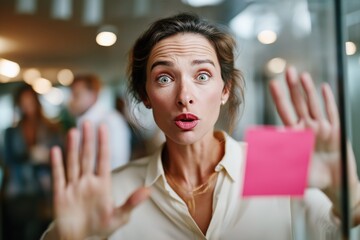 Surprised woman staring at pink sticky note on glass wall in modern office, creative brainstorming concept