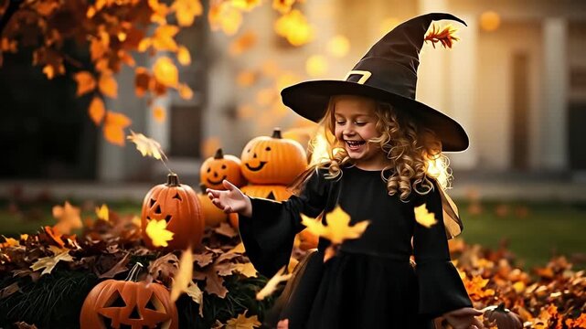 A little girl in a witch hat sitting in front of pumpkins