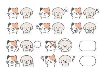 犬と猫　表情イラスト　三毛猫とトイプー