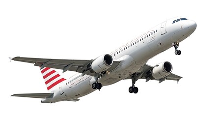 Obraz premium White jet climbs upwards with red stripes on its tail against a transparent backdrop