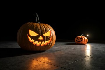 Sinister Jack-O’-Lantern with Glowing Eyes and Shadow on Dark Surface