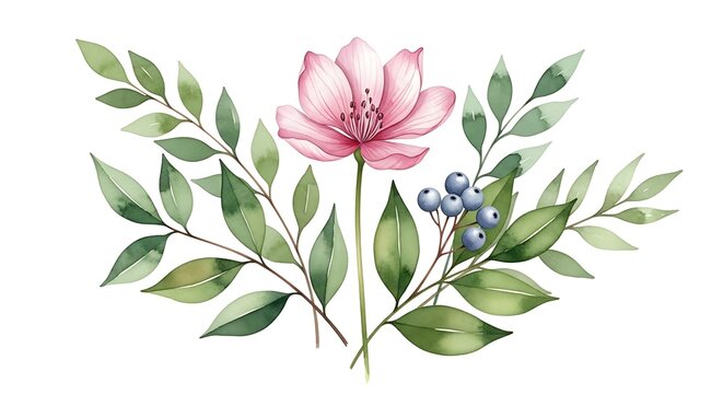 Soft pink flower stands gracefully amid verdant foliage and bright blue berries transparent background
