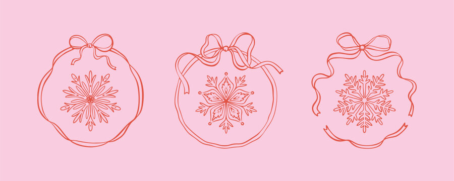 Set of coquettish hand drawn doodle bow ribbon frames and cute sketch snow flakes. Design elements for Christmas greeting cards, New year and bachelorette party invitations, restaurant menu