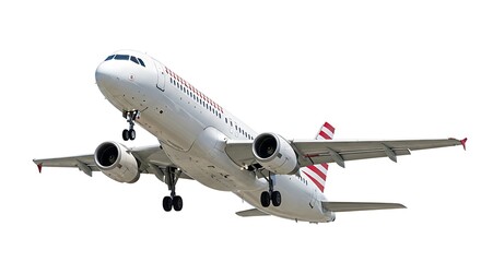 White airliner with red stripes is ascending sharply on a transparent background