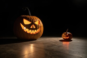 Sinister Jack-O’-Lantern with Glowing Eyes and Shadow on Dark Surface