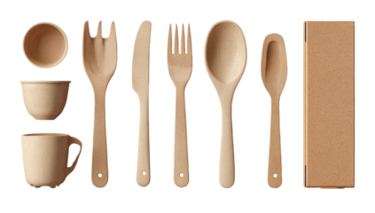Beige wooden cutlery and bowls set