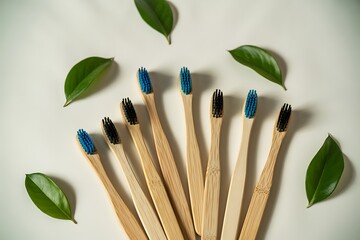 Sustainable bamboo toothbrushes with vibrant bristles and fresh green leaves offer a natural, eco-friendly oral care choice for conscious consumers.