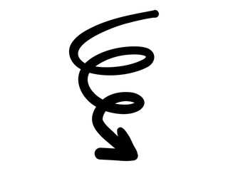 手描きのスムーズな黒いペンのくるくる矢印。螺旋。抑揚のあるダイナミックなシルエット。ベクター。背景透過。左回り。