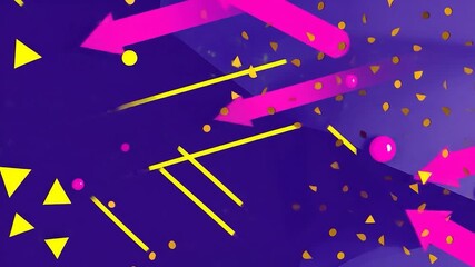 Vibrant abstract with arrows, geometric shapes on purple - Powered by Adobe