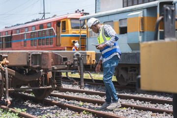 Railway Worker Inspecting Train Car, Engineer with a Radio Walking Along Railroad Tracks, Man in Hard Hat and Safety Vest Working on a Train