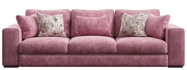 A blush pink sofa with textured upholstery and decorative pillows