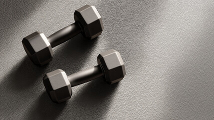 Two hexagon dumbbells on gray surface. Fitness and workout concept. Gym, exercise, strength training, health and wellness themes.
