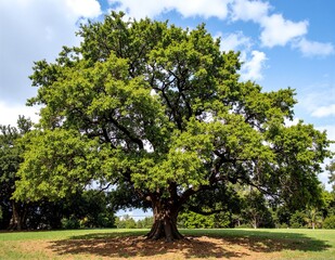 Fototapeta premium A majestic, sprawling tree stands proudly in the center of a vast, sunlit open field, its lush green leaves rustling gently in the breeze.