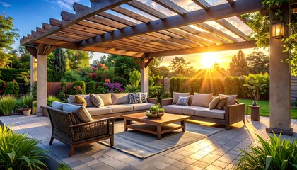 Outdoor patio area at sunset