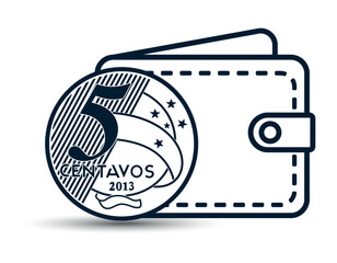 Brazilian money with a wallet in the background. A 5 centavos coin next to the wallet. The illustration is depicted in black and white style.