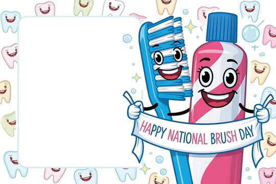 Joyful toothbrush and toothpaste characters celebrate National Brush Day with a festive banner and smiling tooth border