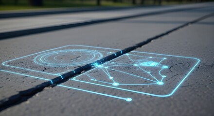 Cracked Asphalt with Futuristic Technology Overlay | Data Analysis Visualization on Road Surface for Infrastructure Monitoring and Engineering Solutions
