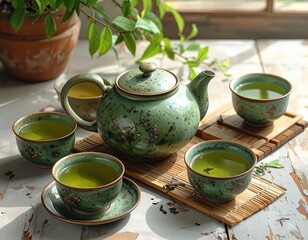 A set of handcrafted, teal-green teacups and teapot with subtle floral designs, arranged on a light-colored wooden surface with a bamboo mat.